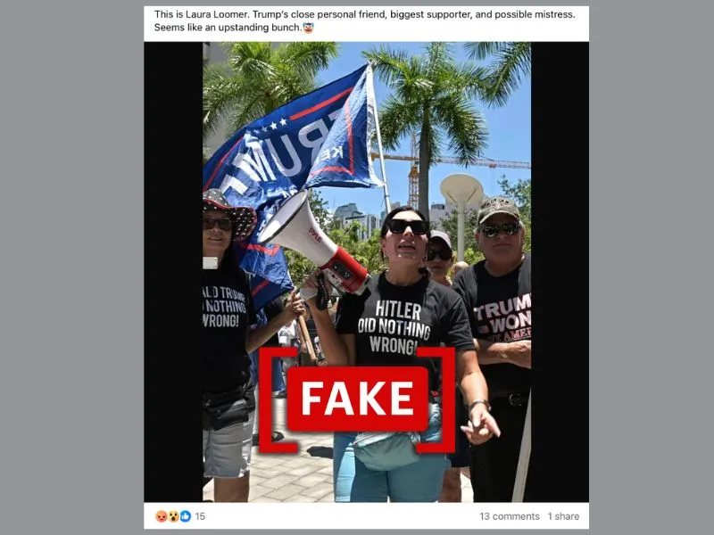 Altered image of pro-Trump activist Laura Loomer. (Source: Facebook/"Fake" label added by Logically Facts)